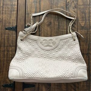 Tory Burch Fleming Large Leather Quilted Tote Bag Purse with Gold Chain